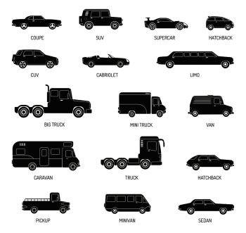 Black silhouettes set of different car models with supercar hatchback cabriolet minivan sedan and truck isolated vector illustration. Black Silhouettes Set Of Different Car Models