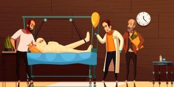 Doctor and visitors at severe injured fully bandaged patient bedside in hospital cartoon poster vector illustration . Hospital Patient Visitors Cartoon Illustration