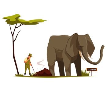 Elephant standing outdoor and zoo keeper at work  cleaning territory under tree cartoon composition vector illustration . Elephant At Zoo Cartoon Composition 