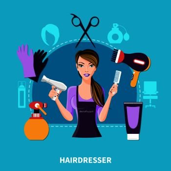 Hairdresser flat colored composition with stylist and her work tools and uniform vector illustration. Hairdresser Flat Composition