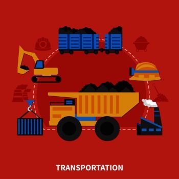 Flat design mining concept with transportation of coal elements on red background vector illustration. Flat Mining Concept