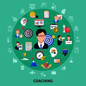 Coaching and training concept with brainstorming and progress symbols flat vector illustration. Coaching And Training Concept Illustration