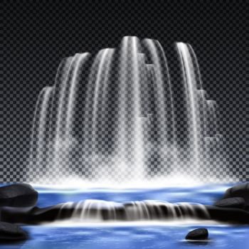 Realistic waterfalls transparent background for decoration vector illustration. Waterfalls Realistic Transparent Background