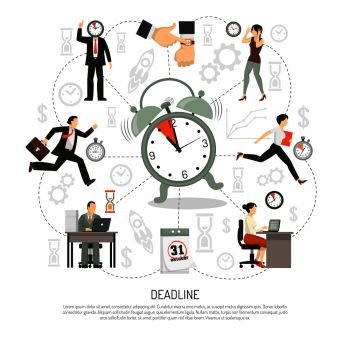 Deadline composition of flat icons productivity pictograms and flat images of alarm calendar and people characters vector illustration. Dead Line Round Composition