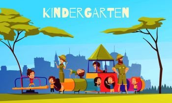 Kindergarten children playground composition with urban scenery silhouettes and group of pre-schoolers with nursery teachers vector illustration. Kindergarten Playing Ground Composition