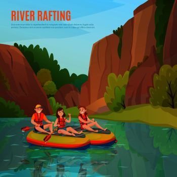 River rafting people composition with cartoon style human characters and mountain river landscape with editable text vector illustration. River Rafting Outdoor Composition