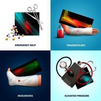 Trauma design concept with emergency medicine help, limbs fracture, researches, elevated pressure isolated vector illustration. Medicine Trauma Design Concept