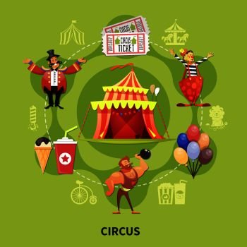 Big round colored circus cartoon composition with participants working in the arena vector illustration. Round Circus Cartoon Composition