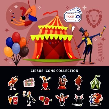 Circus cartoon colored composition with isolated show icon set combined in composition vector illustration. Circus Cartoon Colored Composition