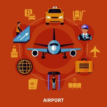 Airport concept with plane luggage taxi steward on orange background flat vector illustration. Airport Flat Concept