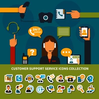 Customer support service icons collection with operator of call center during consultation, helpdesk online isolated vector illustration  . Customer Support Service Icons Collection