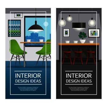 Modern kitchen furniture 2 vertical banners set with day and night interior design view isolated vector illustration . Kitchen Interior Design Vertical Banners
