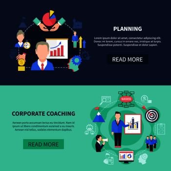 Coaching horizontal banners set with corporate coaching symbols flat isolated vector illustration. Coaching Banners Set