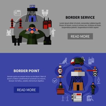 Border service and guard point equipment horizontal banners set flat isolated vector illustration. Border Guard Banners
