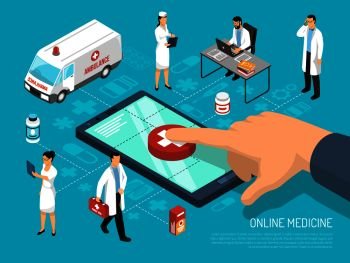 Online medical practitioners doctors consultation on mobile device for quick treatment advice isometric conceptual composition vector illustration . Online Doctor Isometric Medical Composition 