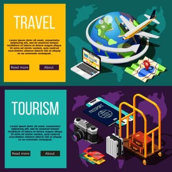Travel and tourism horizontal banners booking tickets air travel hotel services active tourism adventure around world  isometric vector illustration   . Travel And Tourism Horizontal Banners
