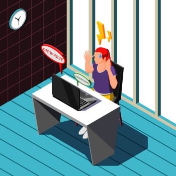 Annoying advertisement isometric background including woman with negative emotions from promotional internet information near laptop vector illustration . Annoying Advertisement Isometric Background