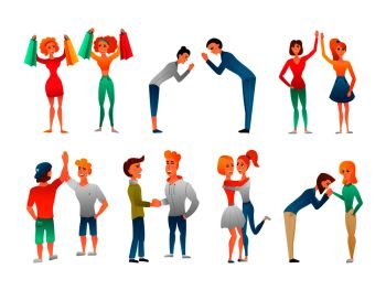Bode language hand gestures flat characters collection of people meeting greeting hugging each other isolated vector illustration . Greeting Gestures Flat Characters Set