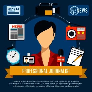 Professional journalist background with news anchorwoman character press microphone radio receiver flat icons vector illustration. Professional Journalist Background