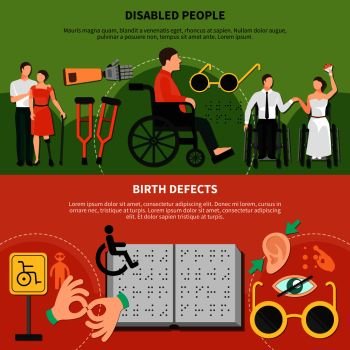 Disabled person flat banner set with disabled people and birth defects headlines vector illustration. Disabled Person Flat Banner Set