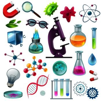Science decorative icons set with flask beaker microscope magnet atom model spirit lamp symbols cartoon vector illustration . Science Icons Cartoon Set