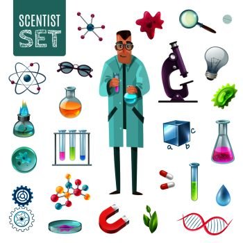 Science icons cartoon set with scientist character and tools for laboratory experiment and theoretical research vector illustration . Science Icons Cartoon Set