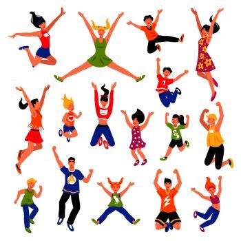 Happy jumping kids teens and adult people of  different gender and age isometric colored set isolated vector illustration. Happy Jumping People Isometric Set