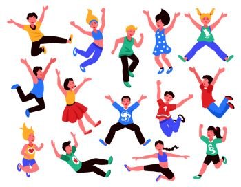 Jumping children set of flat isolated icons with human characters of teenage kids in various poses vector illustration. Happy Jumping Kids Set