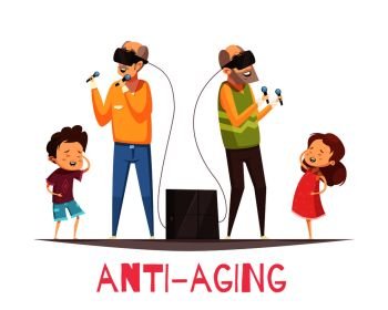 Anti aging design concept with two grandparents with virtual reality headset and their laughing grandchildren cartoon vector illustration. Anti Aging Design Concept