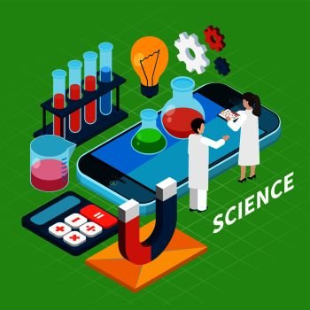 Chemistry isometric concept with science symbols on green background vector illustration . Chemistry Isometric Concept
