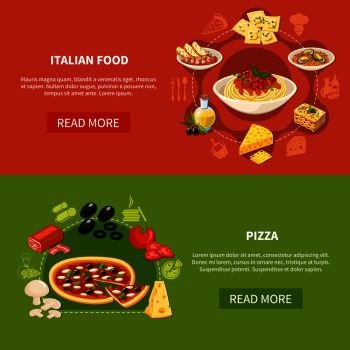 Italian cuisine horizontal banners with set of traditional dishes and ingredients for pizza preparation flat vector illustration . Italian Cuisine Horizontal Banners 