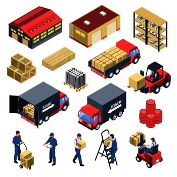 Ware house set of isometric icons with storage building, staff, forklifts, boxes and trucks isolated vector illustration . Ware House Isometric Icons Set