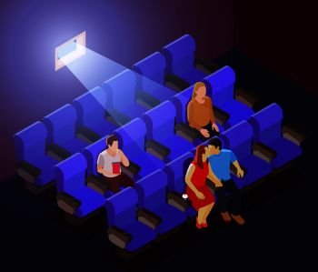 Romantic dating background with young couple kissing in dark cinema during screening of film isometric vector illustration . Romantic Dating In Cinema 