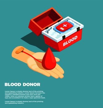 Blood donor isometric design concept with blood donation bag in medical container and hand of donor vector illustration. Blood Donor Isometric Design Concept