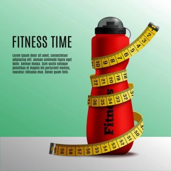 Fitness bottle tape realistic composition with editable text and image of bottle wrapped up in metre stick vector illustration. Fitness Time Bottle Concept