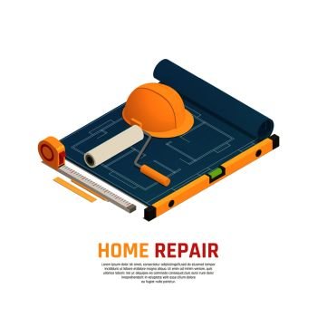 Home repair renovation attributes isometric composition with yellow helmet paint roller tape measure blue print vector illustration .  Home Renovation Isometric Composition 