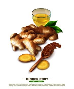 Fresh ginger root, cup of drink, green leaves, wooden spoon with powder, 3D composition vector illustration. Ginger Root 3D Composition