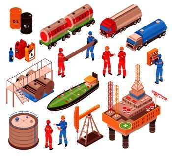 Oil gas industry isometric icons set with offshore drilling platform rail tank car truck vessel isolated vector illustration . Oil Gas Isometric Icons 
