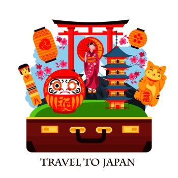 Japan travel concept colorful composition with antique suitcase gate geisha pagoda lanterns maneki neko cat vector illustration . Japan Travel Concept 