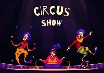 Circus show with clowns on arena including juggler, comedian, performer on unicycle, on purple background vector illustration. Circus Show Clowns Illustration