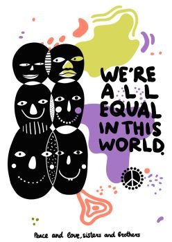 International friendship equality poster with funny smiling black faces symbols and abstract world continents shapes vector illustration . International Friendship Symbols Poster 