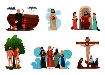 Bible narratives stylized compositions set with noah ark forbidden fruit moses story and crucifixion isolated vector illustration . Bible Stories Set 