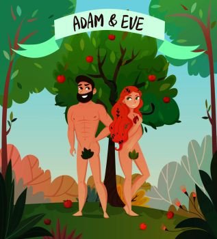   Bible story design with Adam and Eve symbols flat vector illustration.   Bible Story Design