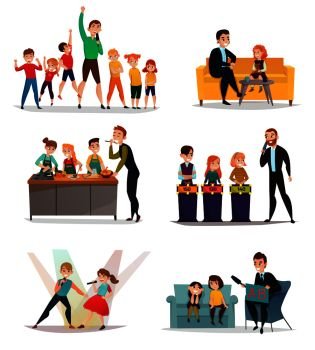 Kids TV show set with sport art and quiz symbols flat isolated vector illustration. Kids TV Show Set