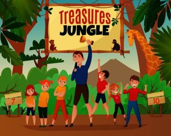 Kids activity TV show with treasures and jungle symbols flat vector illustration. Kids Activity Show 