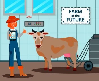 Dairy farm of future design concept with cow and operator of automatic milking flat vector illustration. Farm Of Future Design Concept