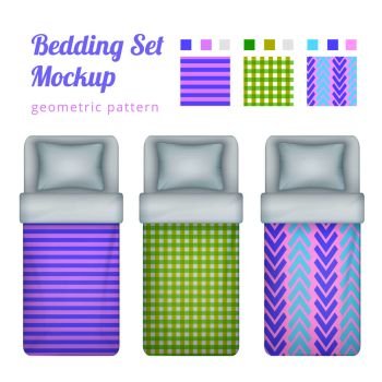 Realistic single bed bedding set of three isolated beds and abstract shaped patterns for bed linen vector illustration. Bed Linen Patterns Collection