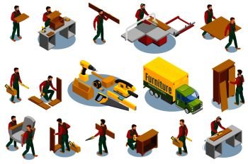 Set of isometric icons furniture makers with professional tools during production and assembly isolated vector illustration   . Furniture Makers Isometric Icons