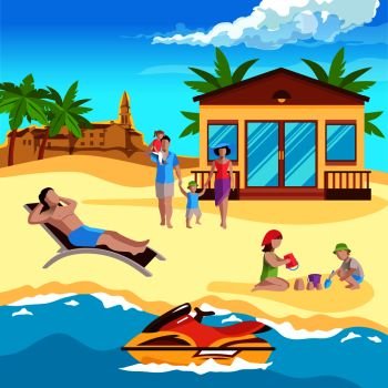 People on beach composition with human characters of different age in sandy expanses with remarkable buildings vector illustration. Sea Resort Recreation Background