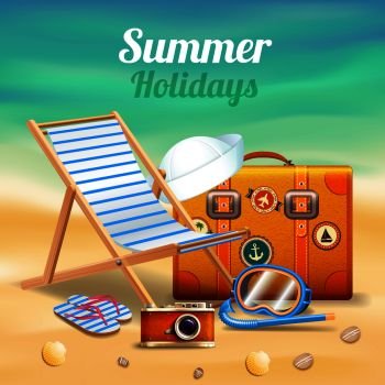Beautiful summer holidays realistic composition with sunbed and suitcase on shore of the turquoise sea vector illustration. Beautiful Summer Holidays Realistic Composition
